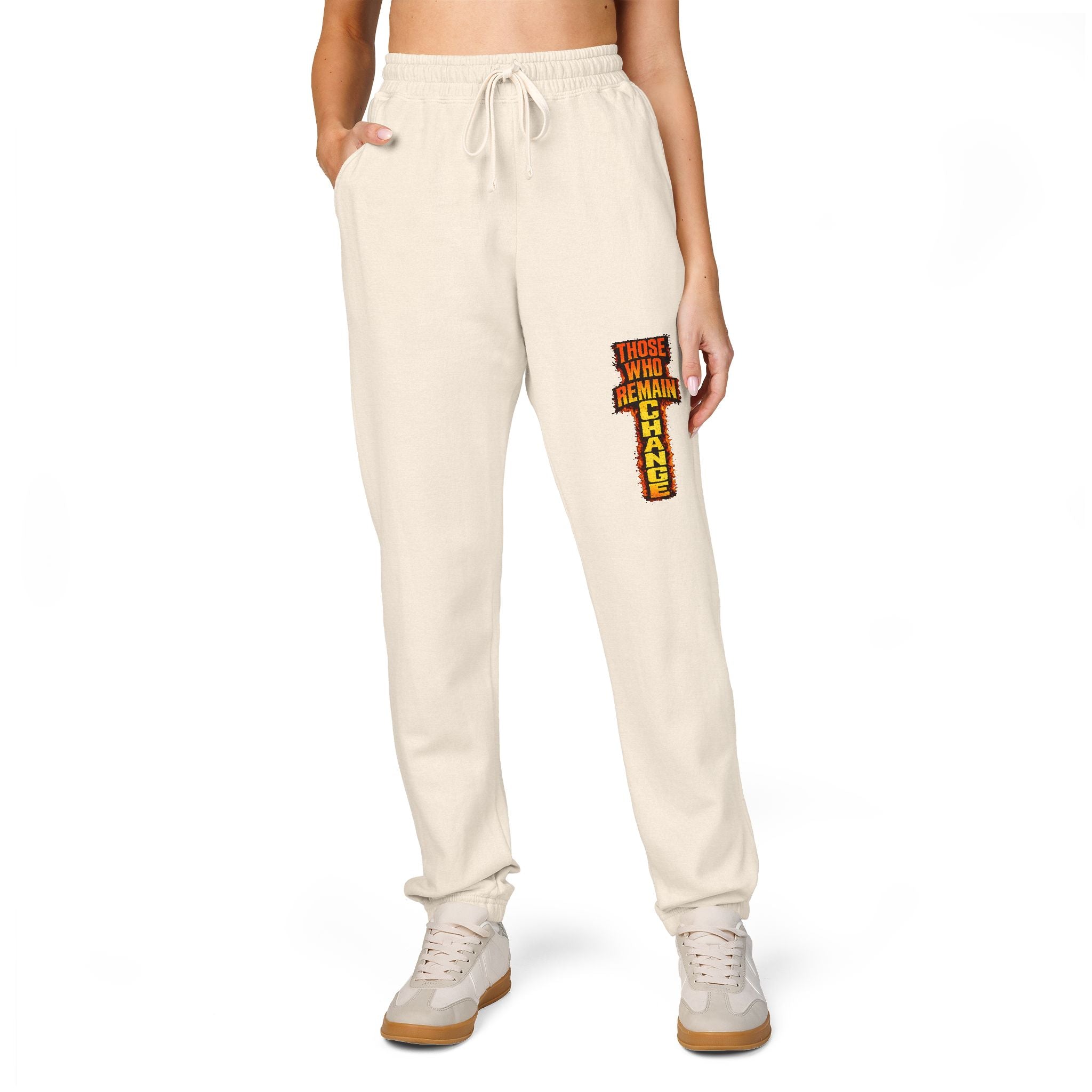 Graphic Sweatpants — Vertical 'Peace, Love, Music' Retro Band Design