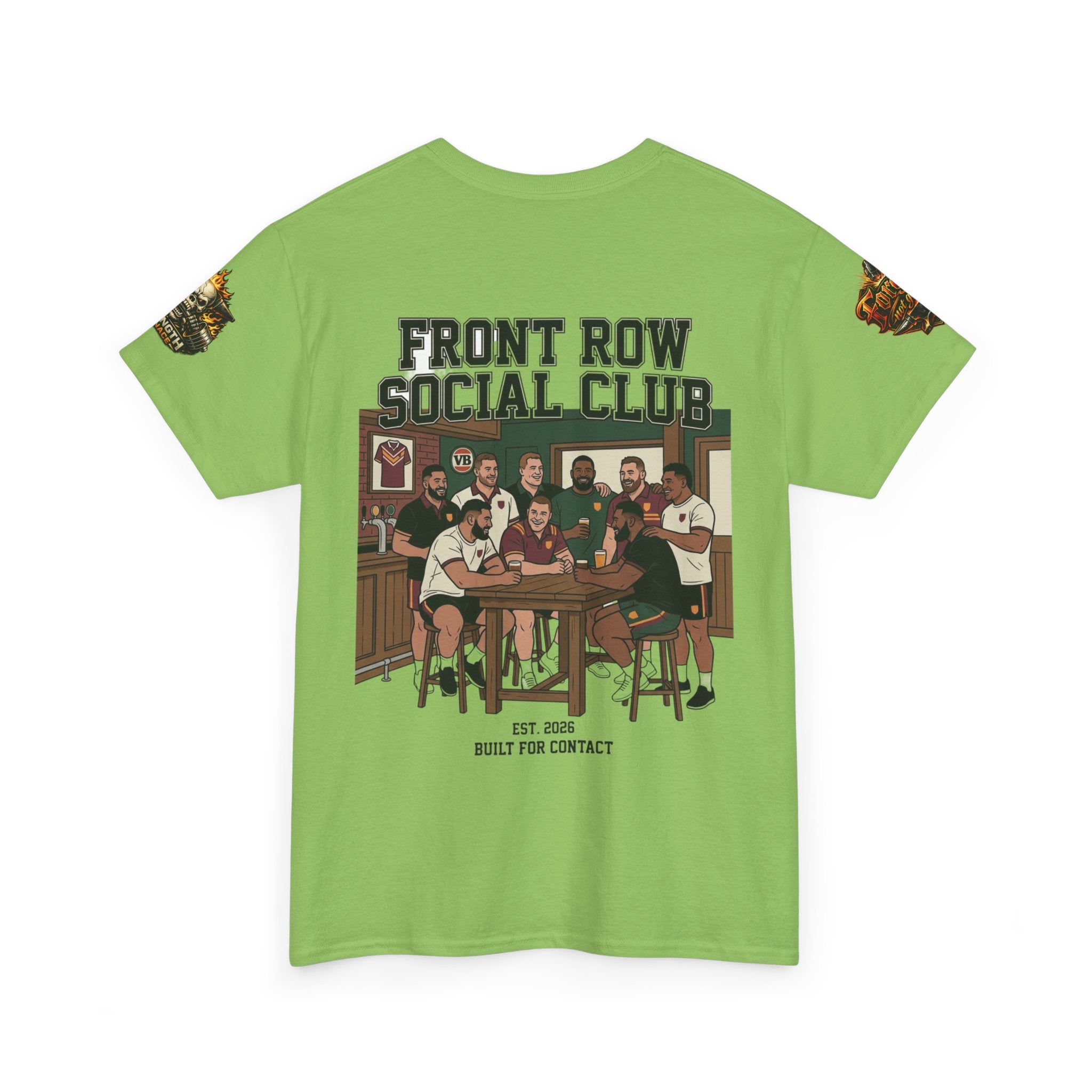 Front Row Social Club T-Shirt — Graphic Tee with 'Built for Contact' Bar & Pub Crew Design