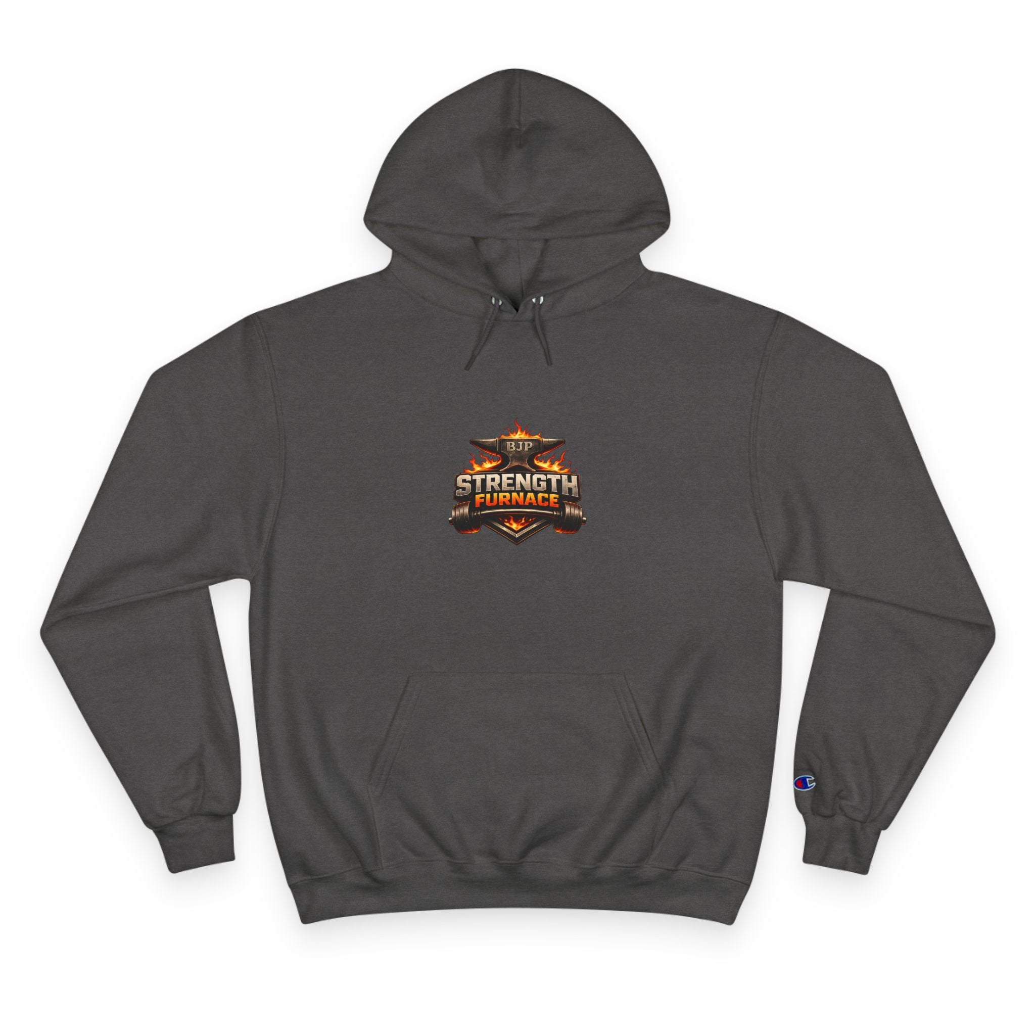 Strength Furnace Hoodie — Flaming Skull Barbell Gym Sweatshirt