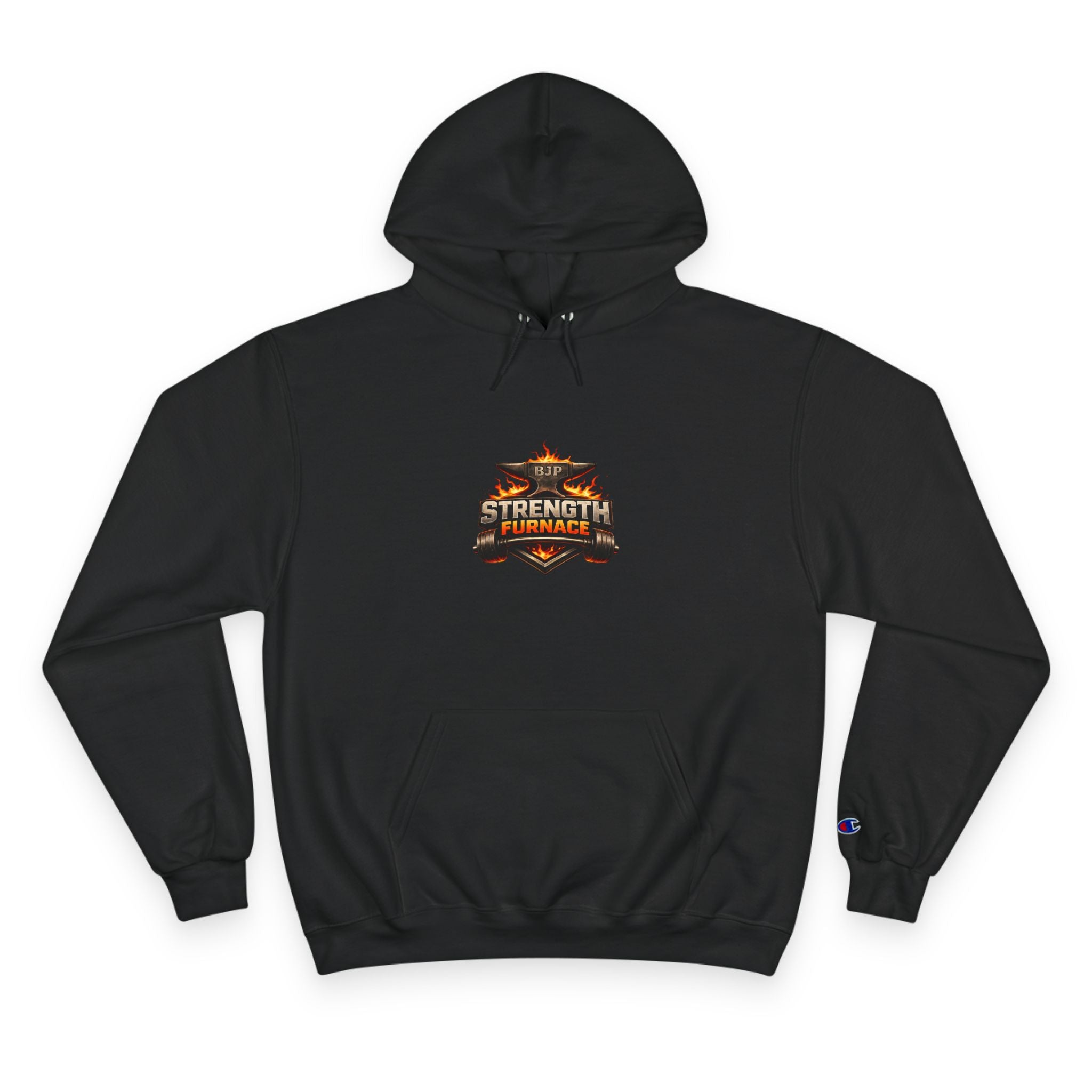 Strength Furnace Hoodie — Flaming Skull Barbell Gym Sweatshirt