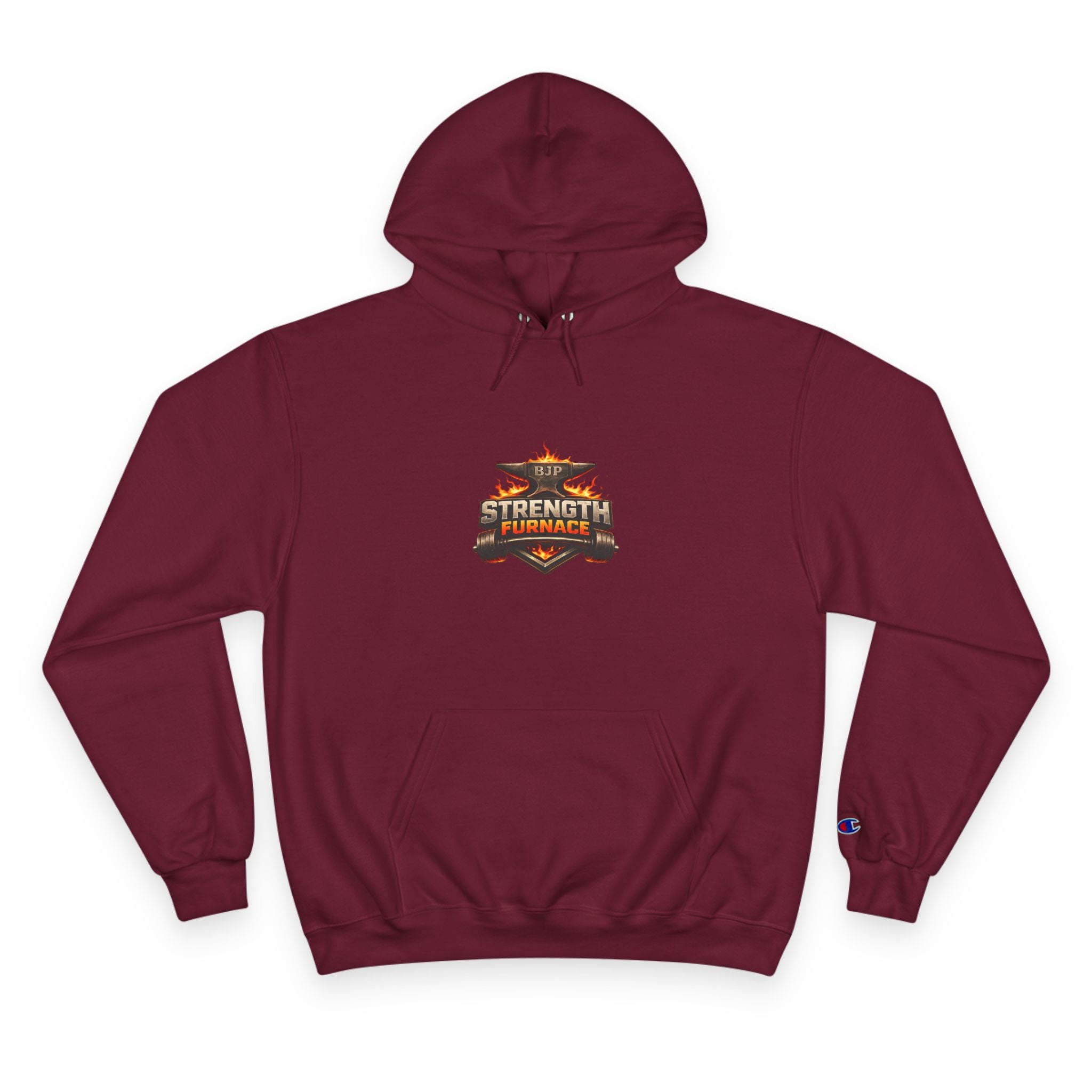 Strength Furnace Hoodie — Flaming Skull Barbell Gym Sweatshirt