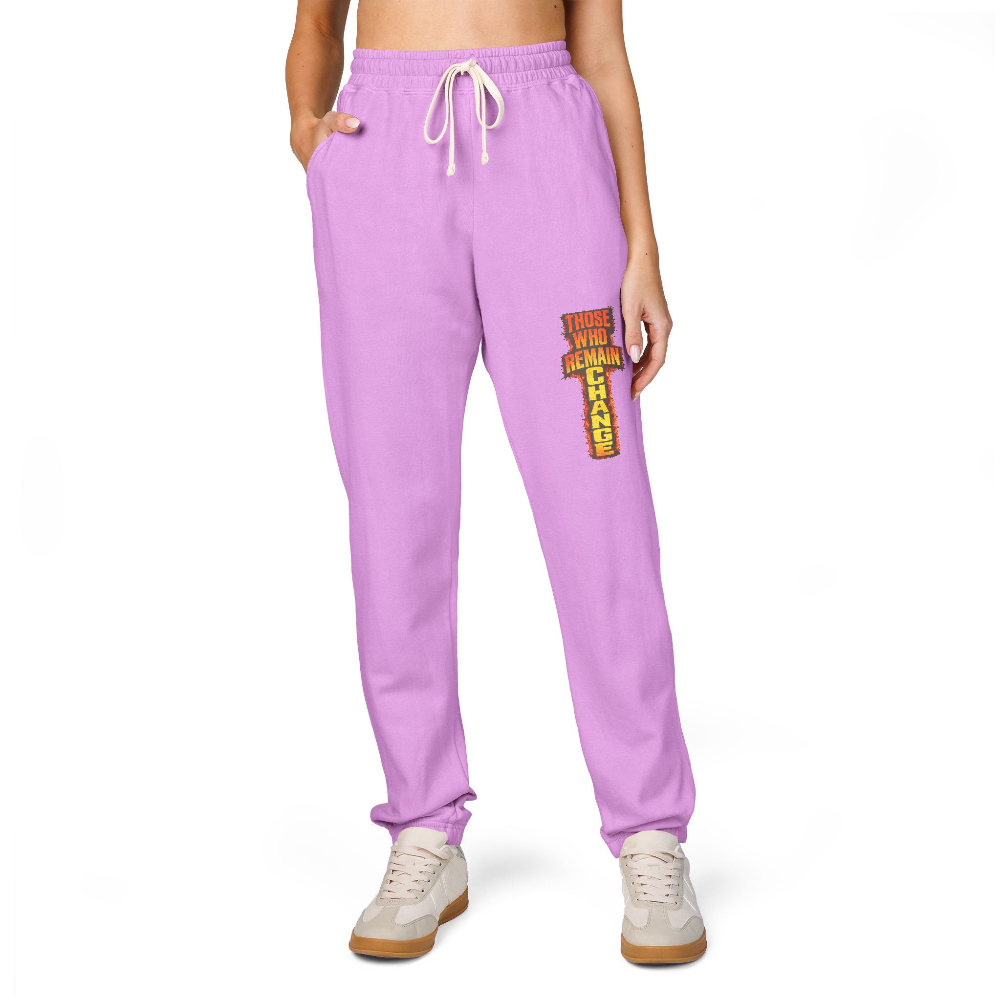 Graphic Sweatpants — Vertical 'Peace, Love, Music' Retro Band Design