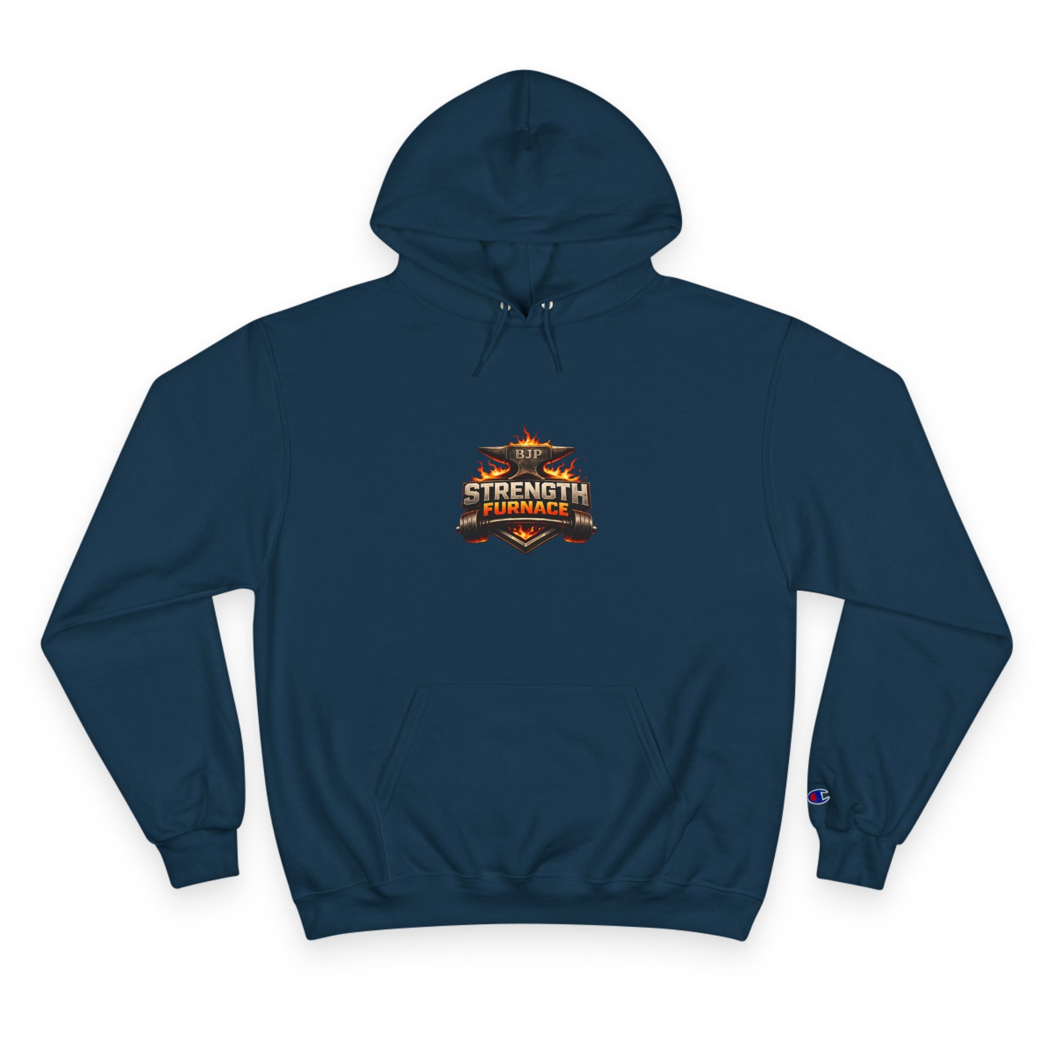 Strength Furnace Hoodie — Flaming Skull Barbell Gym Sweatshirt