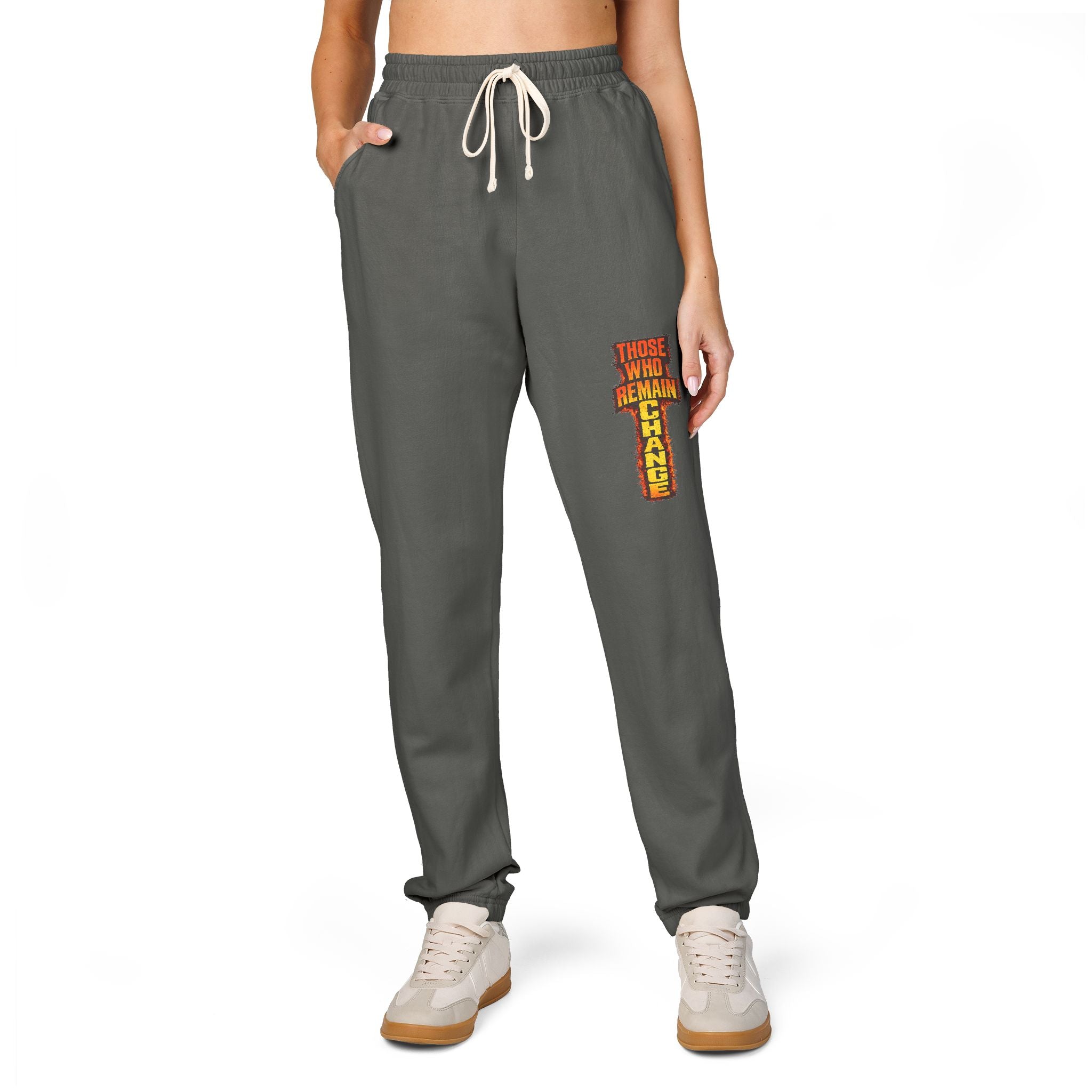 Graphic Sweatpants — Vertical 'Peace, Love, Music' Retro Band Design